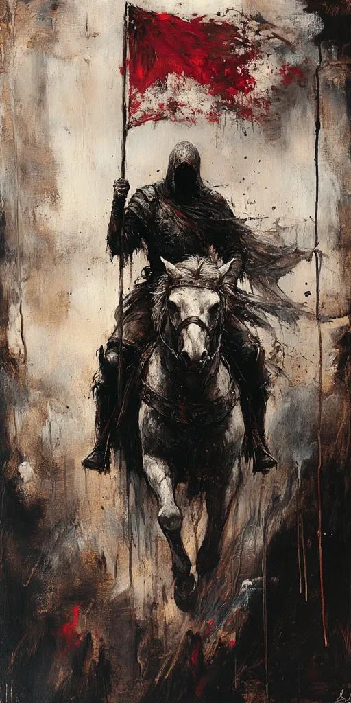 A dark, brooding painting depicts a cloaked figure on horseback, galloping forward. The rider holds a blood-stained red flag aloft on a long staff. The horse is light-colored, contrasting with the dark attire of the rider and the somber background. The style is expressive and dramatic, employing a palette of muted browns, grays, and the vibrant crimson of the flag, suggesting a scene of conflict or conquest. The overall mood is one of grim determination and possibly impending violence.