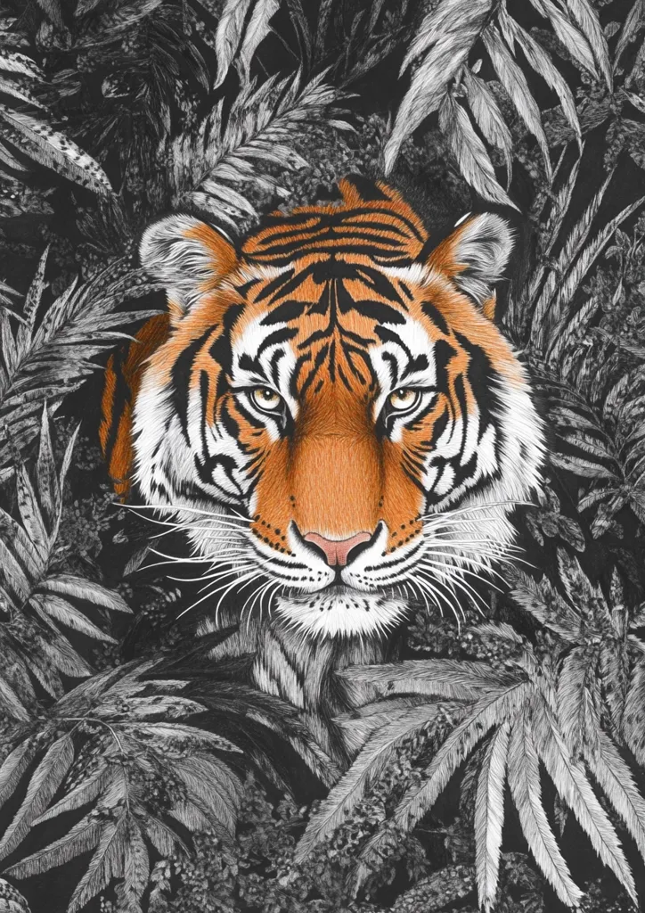 A detailed close-up reveals a tiger's head and shoulders, intensely gazing forward.  Its orange and black stripes are vividly rendered against a backdrop of meticulously drawn, monochrome foliage. The contrast between the tiger's vibrant coloration and the grayscale leaves creates a striking visual effect, emphasizing the tiger's powerful presence within its lush, shadowy habitat. The image suggests a sense of hidden observation and quiet strength.
