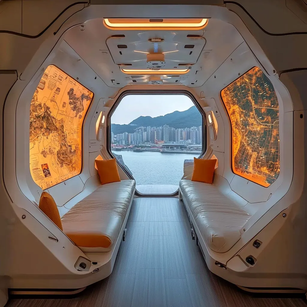 A futuristic, spaceship-like room features two built-in, off-white couches with orange pillows.  Large, illuminated panels depicting maps line the walls. A large window offers a stunning view of a harbor and city skyline.  The minimalist design and calming color palette create a tranquil, modern atmosphere. The flooring is a light brown wood laminate.