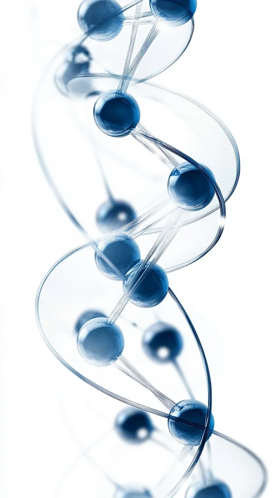 The image shows a stylized representation of a molecule or DNA strand.  Dark blue spheres, possibly atoms, are connected by translucent, fibrous strands, twisting in a helical pattern against a bright white background.  The overall effect is clean, modern, and suggestive of scientific concepts related to genetics, chemistry, or nanotechnology. The focus is sharp on the central structure, with a soft blur to the background and surrounding elements.