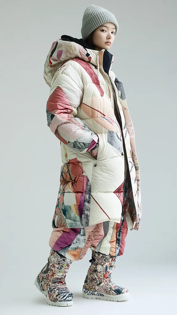 A young woman models a long, oversized puffer jacket with an abstract, multi-colored print. The jacket is predominantly off-white with patches of pink, purple, and other colors.  She wears matching printed pants and boots, all in a similar artistic style.  A grey knit beanie completes the ensemble. The overall look is stylish and modern, blending streetwear with artistic expression.