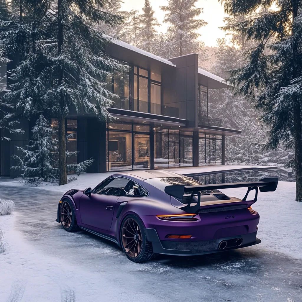 A deep purple Porsche 911 GT3 RS sits in the snow-covered driveway of a modern, glass-fronted home nestled in a snowy pine forest.  The car's sleek lines contrast with the rustic winter setting.  The house's large windows offer a glimpse of its luxurious interior. The scene evokes a sense of tranquility and wealth.