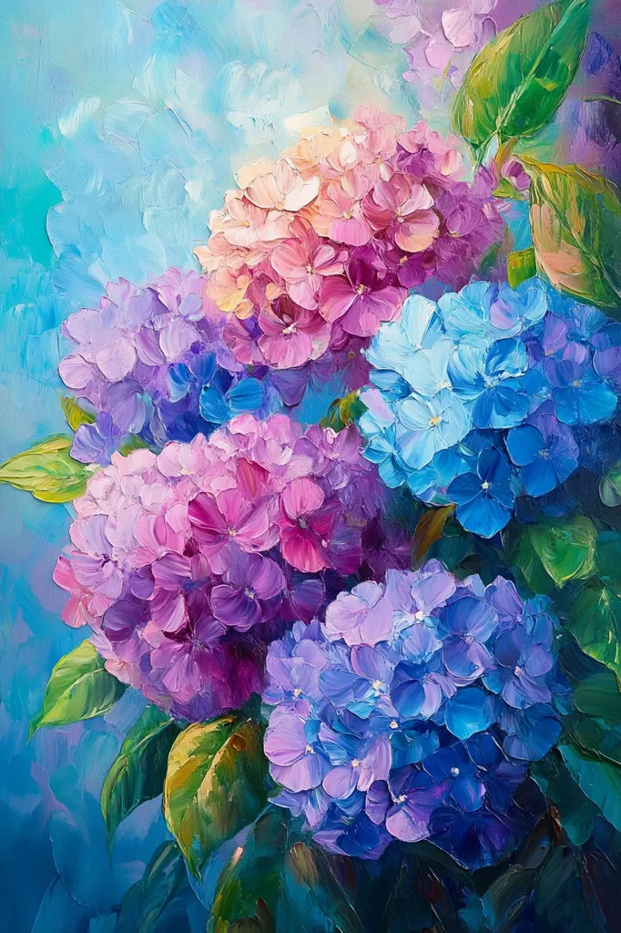 A vibrant oil painting showcases a lush bouquet of hydrangeas in various shades of pink, purple, and blue.  The blossoms are densely clustered, their petals rendered with visible brushstrokes, creating a textured effect.  The background is a soft, dreamy blue, enhancing the flowers' rich colors and creating a sense of depth.  Green leaves peek through, adding to the painting's lively and dynamic composition.