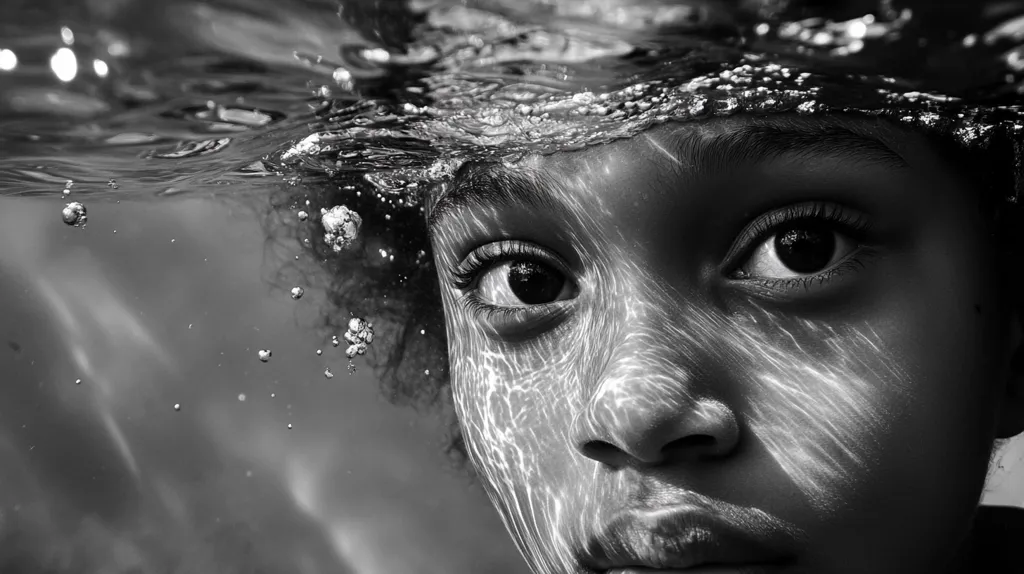 A black and white, close-up underwater shot of a young girl's face.  The water's surface is partially visible above her head, with bubbles rising.  Light refracts through the water, creating patterns on her skin.  Her eyes are large and expressive, gazing directly at the viewer. The overall mood is serene yet intriguing.