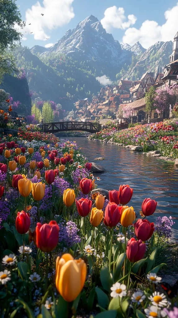 A picturesque village nestled in a valley, surrounded by vibrant spring blooms.  A tranquil river flows through a colorful meadow of tulips, leading to a charming wooden bridge.  Snow-capped mountains rise majestically in the background under a bright, sunny sky.  The scene evokes a sense of peace and idyllic beauty.
