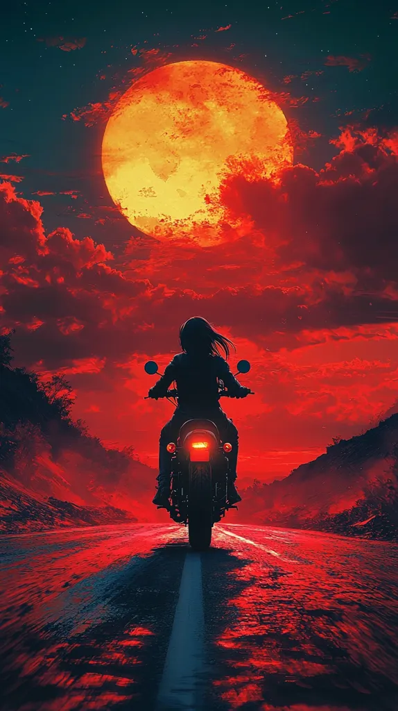 A lone female figure rides a motorcycle down a dark road under a massive, fiery red moon. The sky is filled with dramatic red and orange clouds, casting an ominous glow on the scene. The rider's silhouette is stark against the vibrant backdrop, emphasizing a sense of mystery and adventure. The overall mood is one of dramatic intensity and solitary journey.