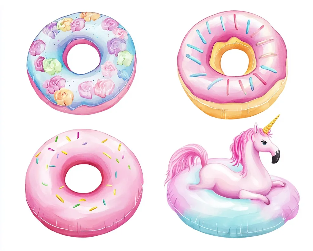 An illustration showcases four inflatable pool floats: two donut-shaped floats, one adorned with pastel flowers and another with sprinkles; and a unicorn-shaped float resting on a pastel-colored ring float.  All floats are rendered in a watercolor style, with soft, pastel colors and whimsical designs.  They are perfect for summer fun in the pool or at the beach.
