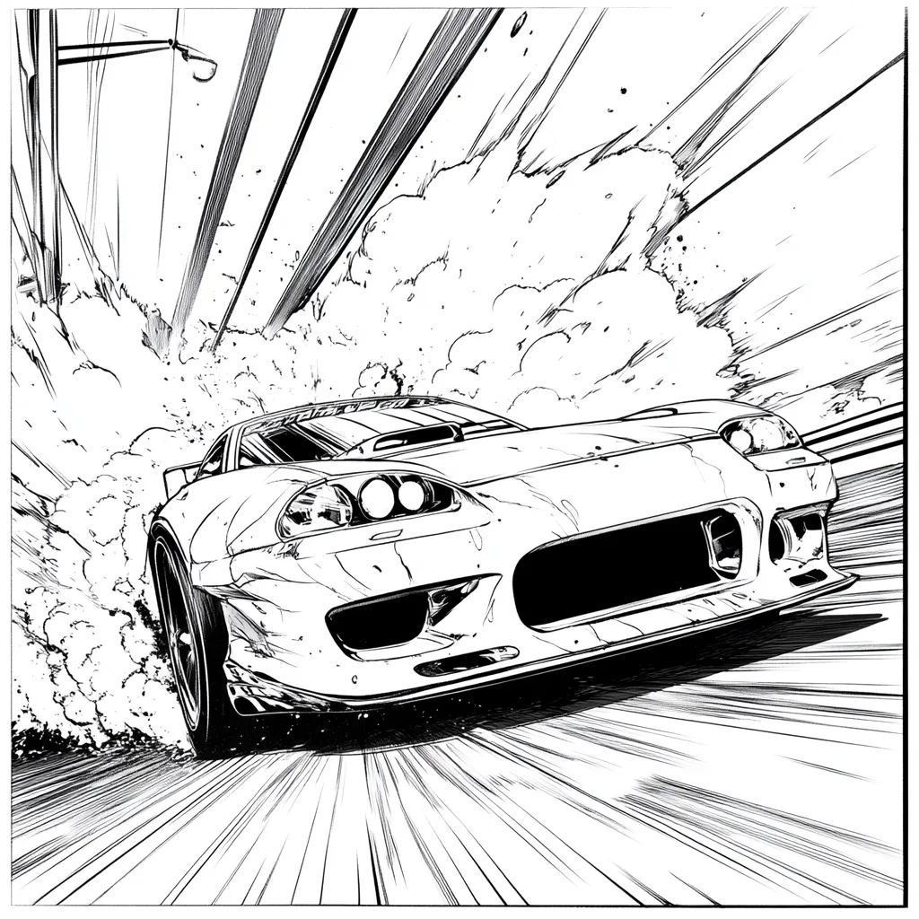 A black and white illustration depicts a modified Toyota Supra speeding down a road, leaving a large cloud of tire smoke behind it. The car is drawn in a manga style, with dramatic lines emphasizing speed and motion. The background suggests a city street with speed lines creating a sense of velocity.  The image is highly stylized, focusing on the dynamic energy of the car and the intensity of the moment.