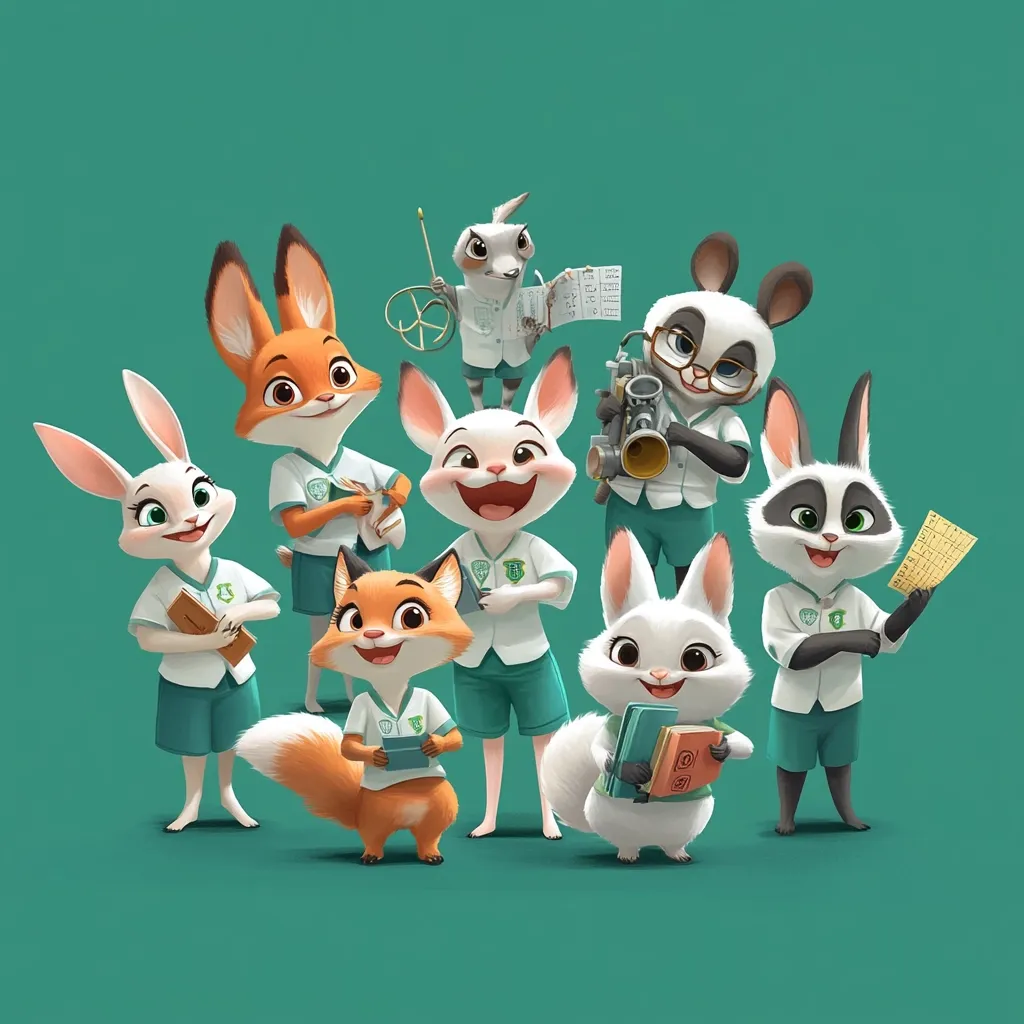 A charming group of anthropomorphic animal children, dressed in teal school uniforms, are gathered together.  There are rabbits, foxes, and a panda, each holding school supplies like books and a compass.  They are depicted in a cheerful and playful manner, suggesting a scene from a children's cartoon or animation.  The backdrop is a solid teal green.