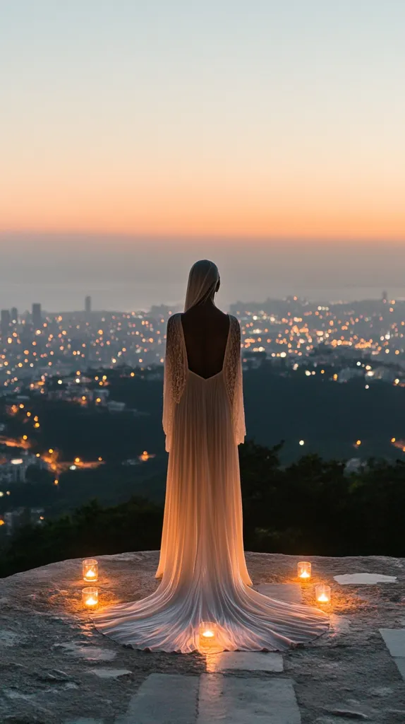 A woman in a flowing, off-white gown stands on a stone platform overlooking a city at sunset.  The cityscape is a glittering expanse of lights below.  She faces away from the camera, her back to the viewer.  Small candles are lit around her on the platform, creating a serene and romantic atmosphere. The sky is a soft blend of pastel hues.