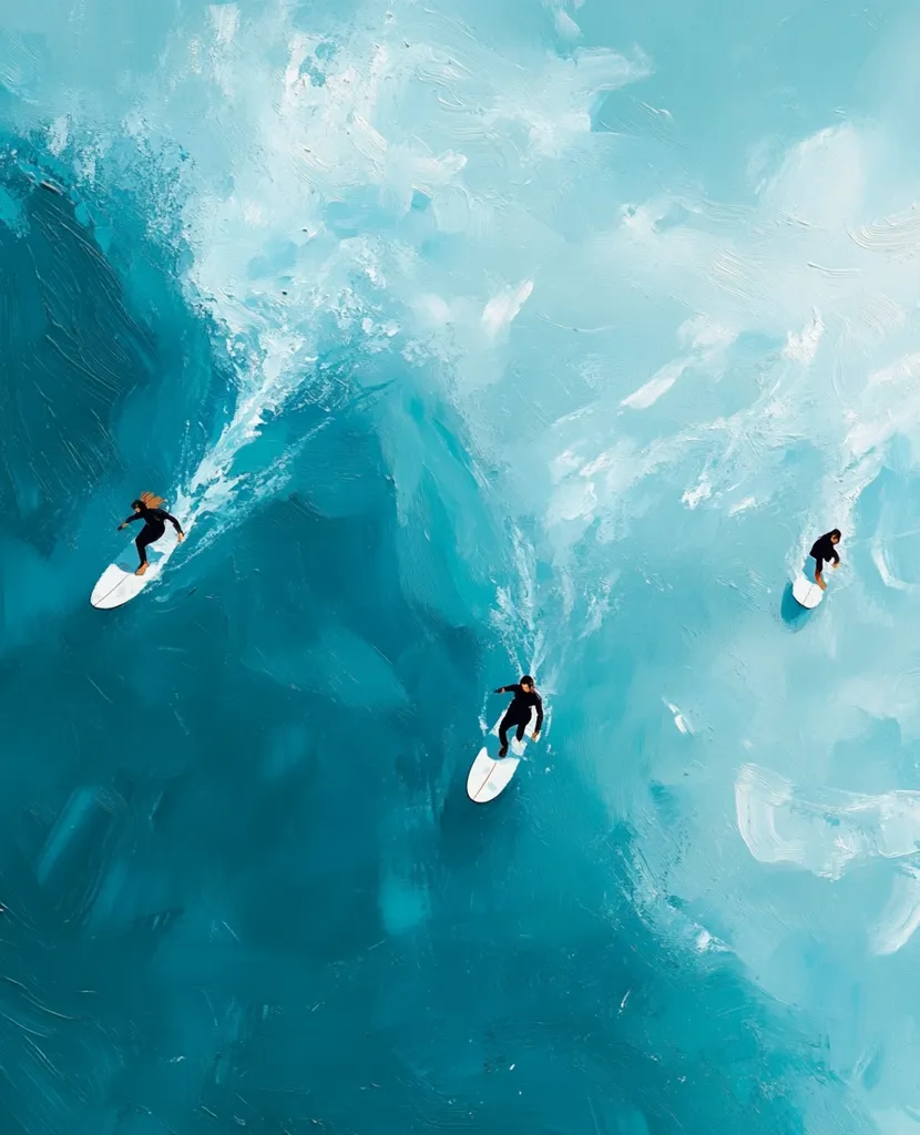 An aerial view captures three surfers gracefully riding individual waves in a vibrant turquoise ocean.  The surfers, clad in black wetsuits, navigate the waves with effortless style, their white surfboards contrasting sharply against the water. The painting-like texture of the water adds a unique artistic flair to the scene. The overall image exudes a sense of tranquility and freedom.