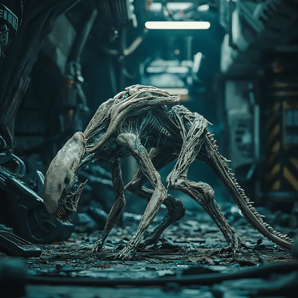 A Xenomorph-like creature, pale and gaunt, crouches on a dark, metallic floor. Its elongated limbs and segmented tail suggest an alien origin.  The background is a dimly lit, industrial setting with large metallic structures, creating a futuristic and somewhat derelict atmosphere. The creature's head is bowed low, its skeletal features emphasized by the muted color palette.
