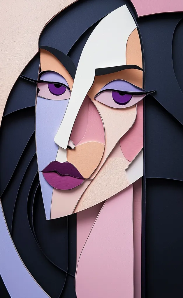 A stylized paper cut portrait of a woman's face.  The artwork utilizes geometric shapes and contrasting colors—dark navy, pale pinks, and lavenders—to create a striking, almost cubist effect.  The woman's eyes are accentuated with deep purple, and her lips are a rich burgundy. The layered paper gives a three-dimensional texture to the otherwise flat forms.