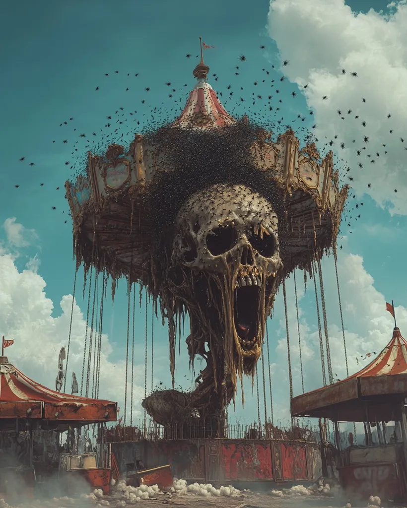 A decaying carousel, transformed into a grotesque skull-like structure, dominates the scene.  Swarms of insects cover its surface, adding to its macabre ambiance.  The surrounding area is desolate, with dilapidated fairground tents and a hazy atmosphere, suggesting a post-apocalyptic or nightmarish setting.  The image evokes a feeling of dread and decay.