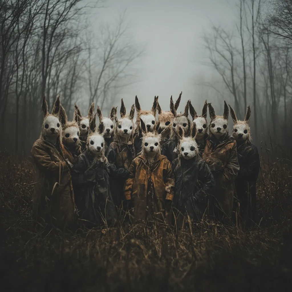 A group of figures wearing unsettling rabbit masks stand in a desolate, misty forest.  Dressed in dark, worn clothing, they create a haunting and mysterious scene.  The pale masks contrast sharply with the muted tones of the environment, evoking a sense of unease and the unknown.  The overall mood is dark, atmospheric, and slightly disturbing.
