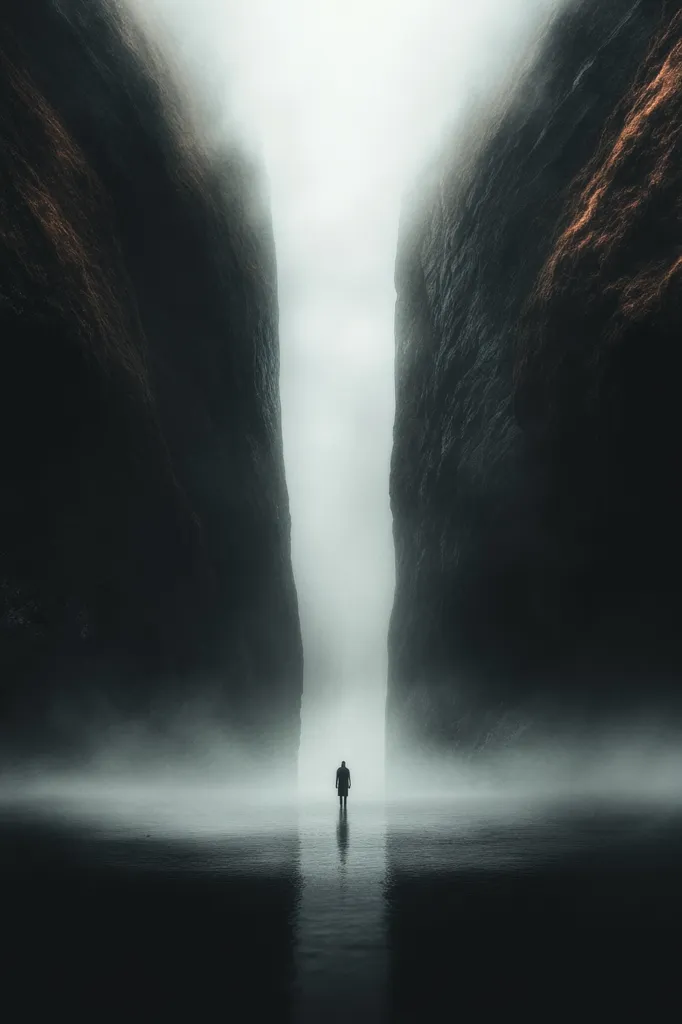 A solitary figure stands in a misty, narrow chasm between towering, dark cliffs.  The fog obscures the path ahead, creating a sense of mystery and isolation.  The scene is stark, emphasizing the smallness of the individual against the overwhelming scale of the natural landscape. The overall mood is somber and contemplative.