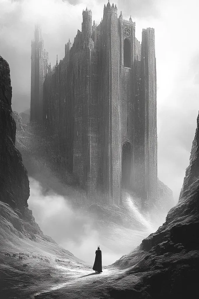 A solitary figure, cloaked and crowned, walks towards a colossal, imposing castle nestled within a misty, mountainous valley.  The castle's gothic architecture is stark against the grayscale landscape, creating a dramatic and atmospheric scene.  The overall mood is one of mystery and isolation, hinting at a fantastical or epic narrative.