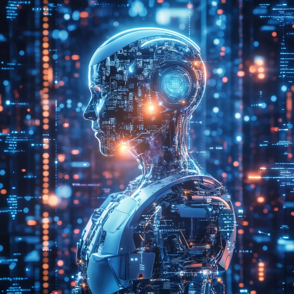A digital rendering depicts a translucent robotic head and torso, its internal circuitry glowing with vibrant blue and orange light.  The robot's form is partially obscured, revealing intricate internal mechanisms.  The background is a blurred, dynamic display of binary code and data streams, suggesting a futuristic technological landscape. The overall impression is one of advanced artificial intelligence and seamless integration of technology and biology.