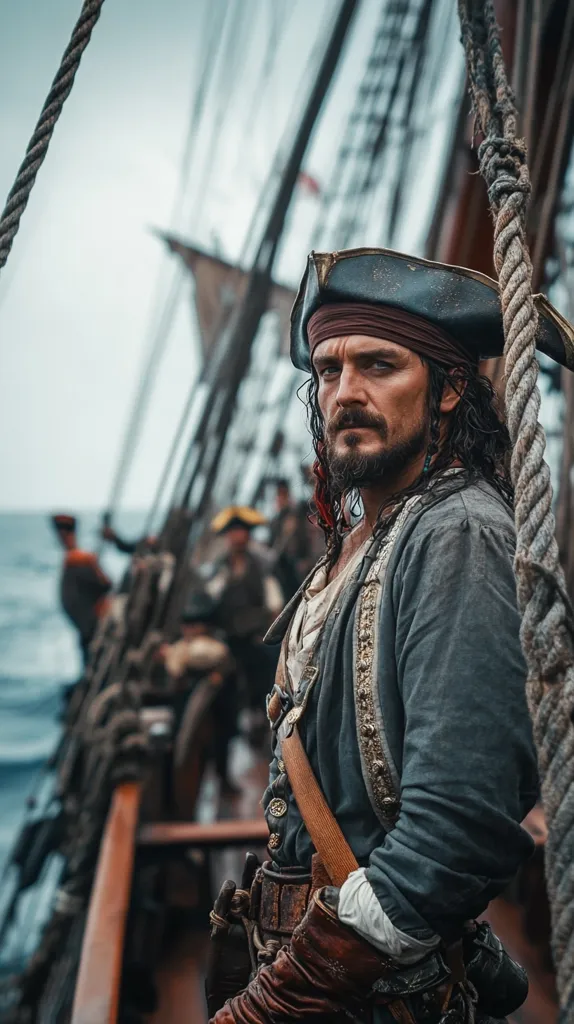 A stern-faced pirate, clad in weathered gray attire and a tricorn hat, stands on a historic sailing ship.  His dark beard and intense gaze are accentuated by the rough sea and the ship's rigging in the background.  Other crew members are visible in the blurred distance, adding depth to the scene.  The overall atmosphere is one of adventure and the harsh realities of seafaring life.