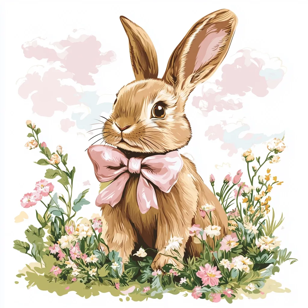 An adorable brown bunny, adorned with a delicate pink bow, sits amidst a vibrant patch of wildflowers.  The bunny's large ears and expressive eyes create a charming image, set against a soft, pastel background of fluffy clouds.  The overall style is whimsical and evokes feelings of springtime and Easter.