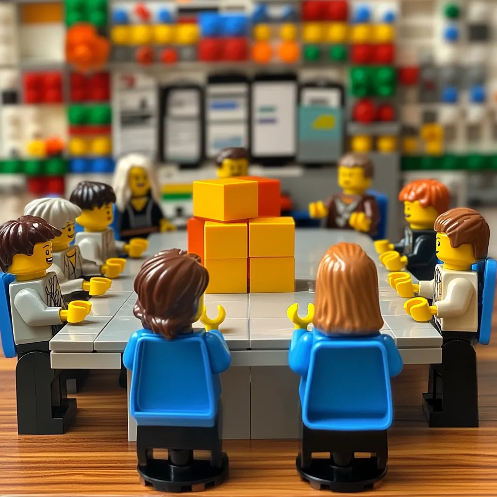 A Lego meeting is in progress.  Miniature Lego figures, men and women in business attire, sit around a grey table, engaged in a discussion.  A stack of yellow Lego bricks sits in the center of the table.  The background is blurred, showing a brightly colored Lego wall, suggesting a creative or playful work environment.  The scene depicts a team collaborating on a project.