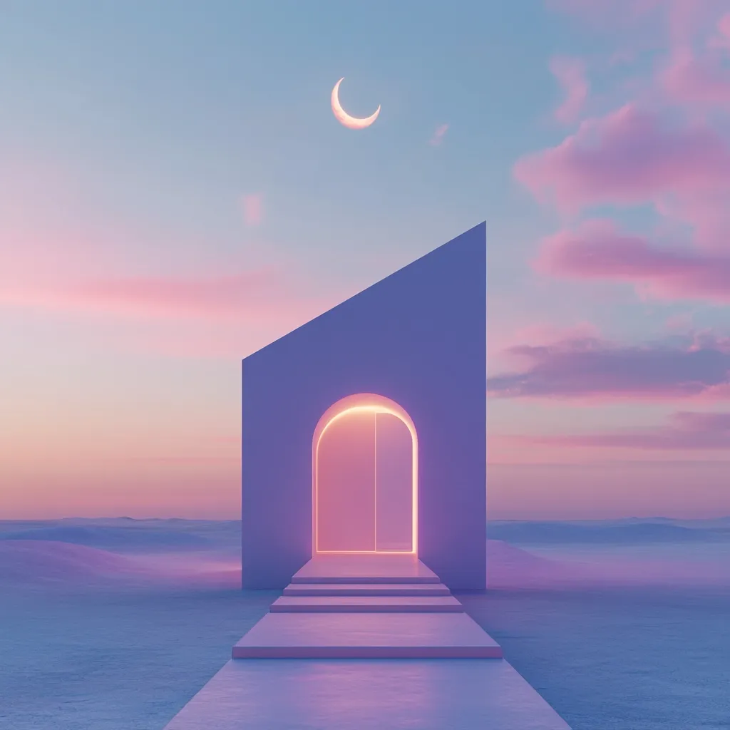 A minimalist digital artwork depicts a single, glowing arched doorway set into a pale purple, angular structure.  A pathway of steps leads to the entrance, all situated in a pastel-hued desert landscape under a twilight sky. A crescent moon hangs in the soft, pink and purple clouds. The overall aesthetic is serene and ethereal.