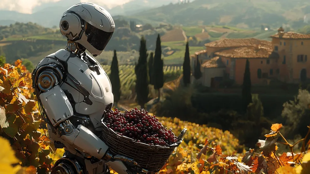 A futuristic white robot, in a vineyard with autumnal leaves, carries a basket brimming with ripe red grapes.  The robot stands amidst the vines, with a picturesque Tuscan villa and rolling hills forming a stunning backdrop under a sunlit sky. The scene blends advanced technology with the idyllic beauty of a traditional wine-growing region.