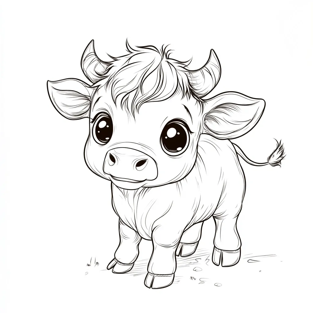A line drawing of an adorable calf stands on all fours. It has large, expressive eyes, small horns, and a fluffy coat of hair.  The calf is depicted in a cute, cartoonish style, facing forward, with its legs slightly apart. Small details of grass are hinted at below.  The image is suitable for coloring.