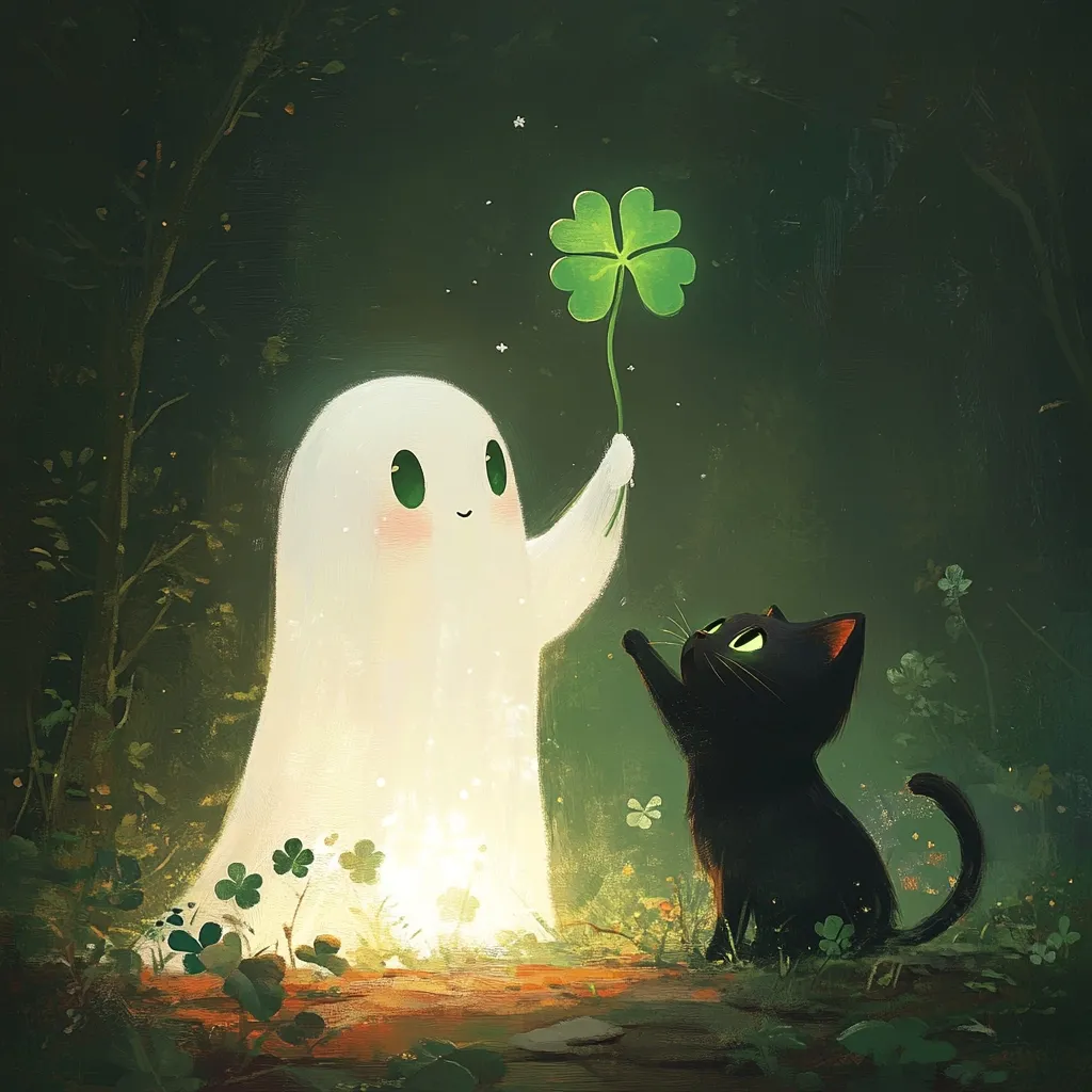 A luminous ghost, radiating gentle light, offers a four-leaf clover to a curious black kitten in a dark, enchanted forest.  Surrounded by smaller clovers, the scene evokes a mystical, whimsical atmosphere. The ghost's soft features and the kitten's playful pose create a heartwarming, otherworldly encounter.  The overall style is digital painting, with soft brushstrokes and a muted color palette.