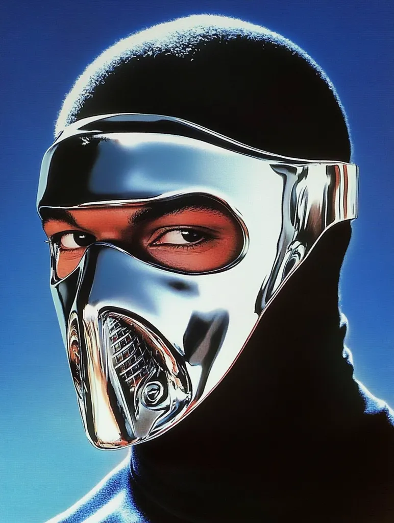 Close-up of a person wearing a sleek, chrome-plated mask resembling a futuristic ninja or biker helmet.  The mask covers the lower half of the face, leaving only the eyes visible.  The individual is also wearing a black balaclava or hood, creating a mysterious and enigmatic appearance against a vibrant blue backdrop. The image is sharp and highly stylized, possibly from a film or album cover.