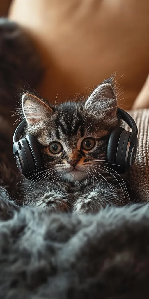 An adorable tabby kitten sits nestled in a fluffy gray blanket, wearing oversized black headphones.  Its large, expressive eyes gaze directly at the camera. The kitten's fur is soft and fluffy, and its paws are tucked neatly beneath it. The overall image is warm and inviting, conveying a sense of comfort and tranquility.