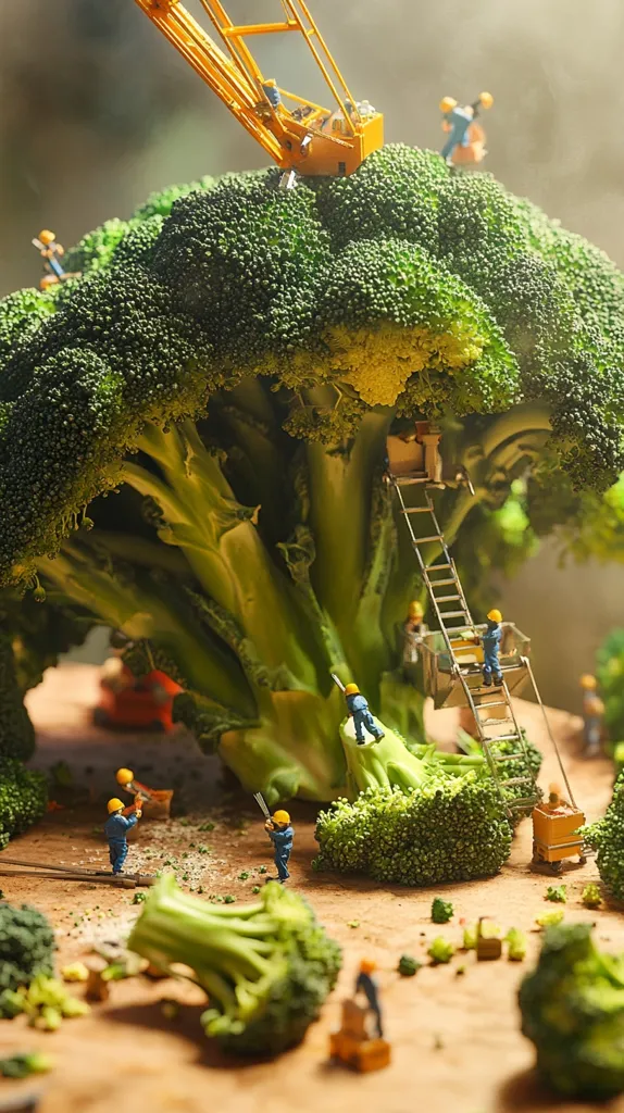 Miniature workers harvest a giant broccoli head.  A yellow crane assists in the process, with tiny figures using ladders and tools.  The scene depicts a whimsical, large-scale broccoli, surrounded by smaller broccoli florets and miniature construction equipment on a wooden surface.  The overall effect is playful and surreal.