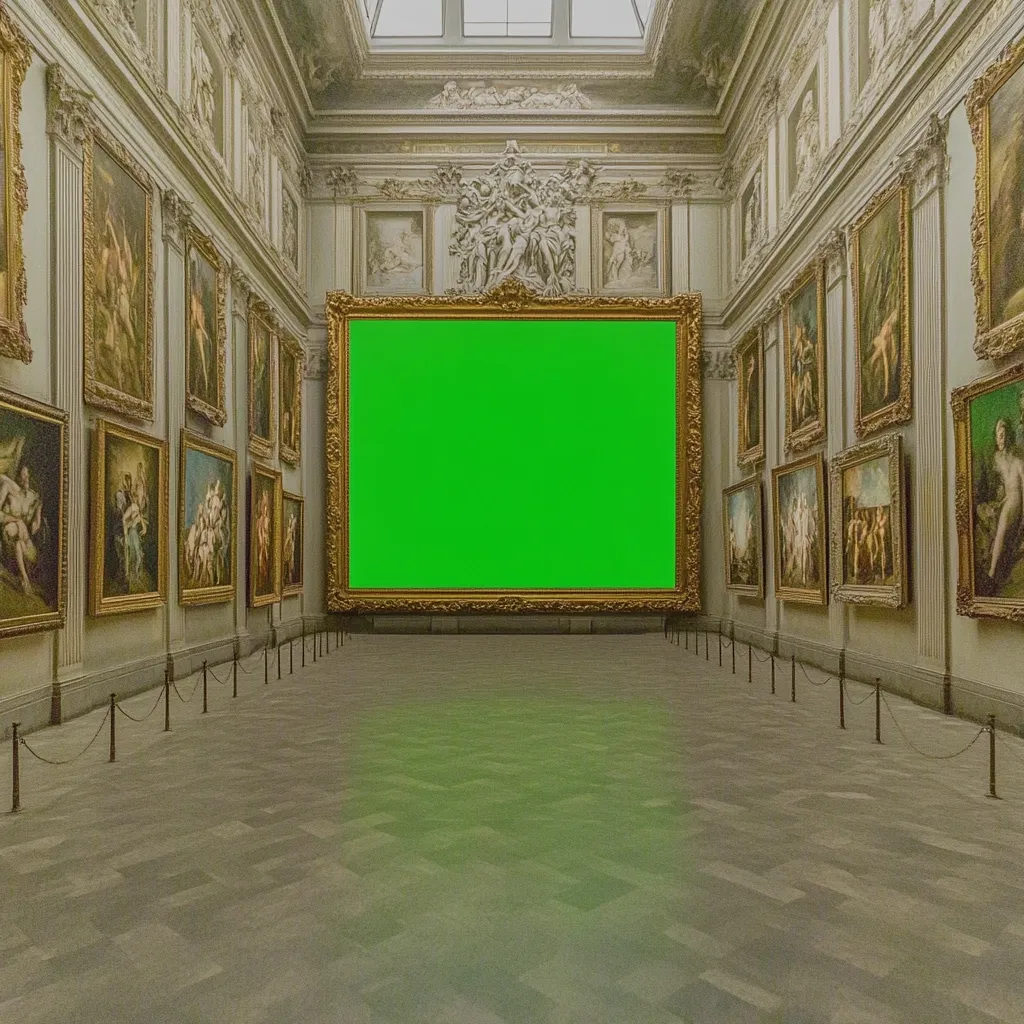 A grand art gallery hall features walls adorned with numerous classical paintings in ornate gold frames.  The focal point is a large, centrally positioned frame with a bright green screen, replacing a potential artwork. The floor is a neutral grey stone, and the overall atmosphere is one of elegance and historical significance.  The ceiling displays intricate architectural details.