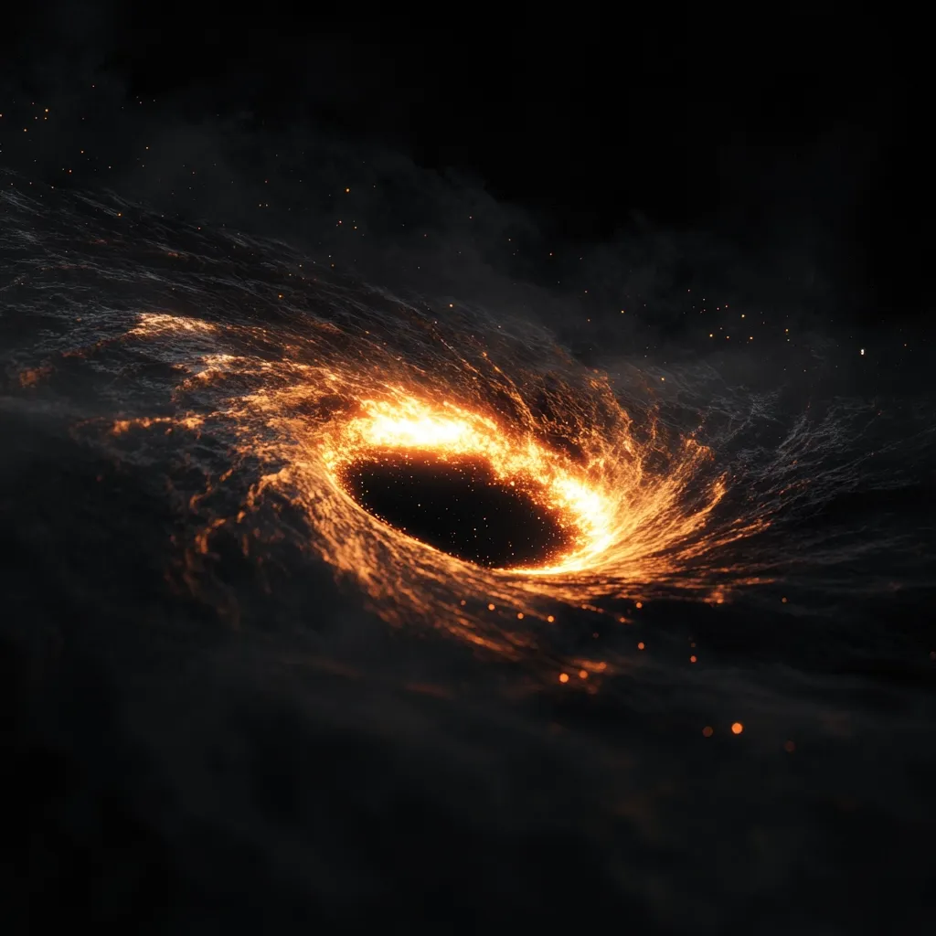 A mesmerizing digital rendering depicts a fiery vortex, resembling a cosmic maelstrom.  Intense orange and yellow flames encircle a dark, central void, suggesting a black hole or similar phenomenon.  The swirling energy is embedded within a dark, smoky expanse, speckled with tiny sparks. The overall effect is one of immense power and otherworldly beauty.