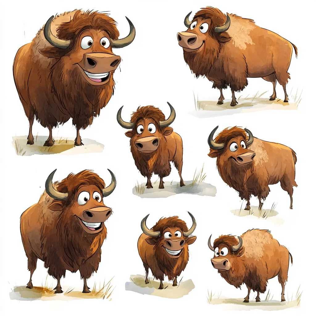 A collection of seven cartoon bison, each with a unique pose and expression.  They are depicted in various views, some facing forward, others in profile, showcasing their shaggy brown coats and expressive eyes.  All the bison appear cheerful and friendly, with big smiles. The illustrations are rendered in a painterly style against a white background with subtle grassy accents.