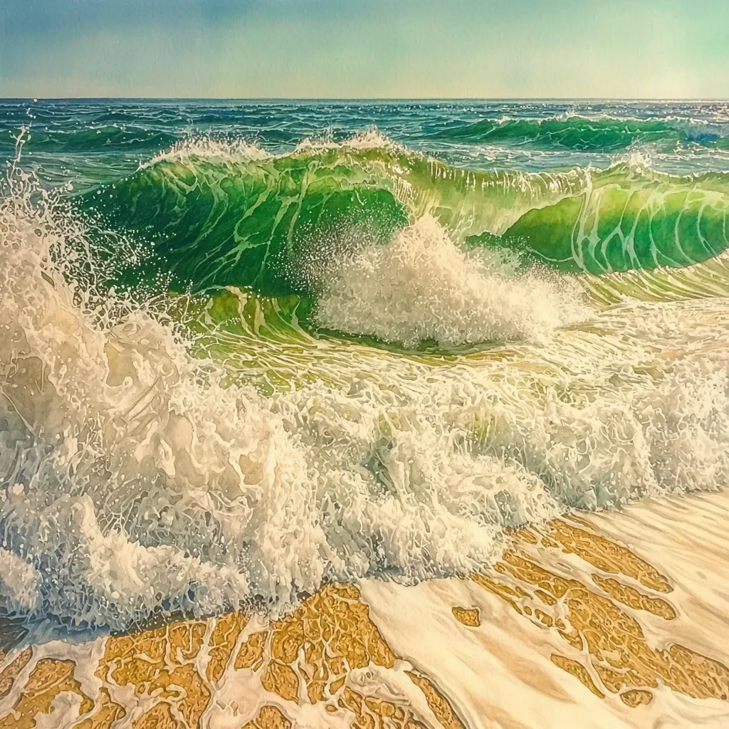 A vibrant watercolor painting captures the dynamic moment of ocean waves crashing onto a sandy shore.  The main wave is a striking green, translucent in places, showcasing the water's movement.  White foam bursts dramatically as the wave breaks, contrasting beautifully against the golden sand. The painting evokes a feeling of energy and the raw power of nature.
