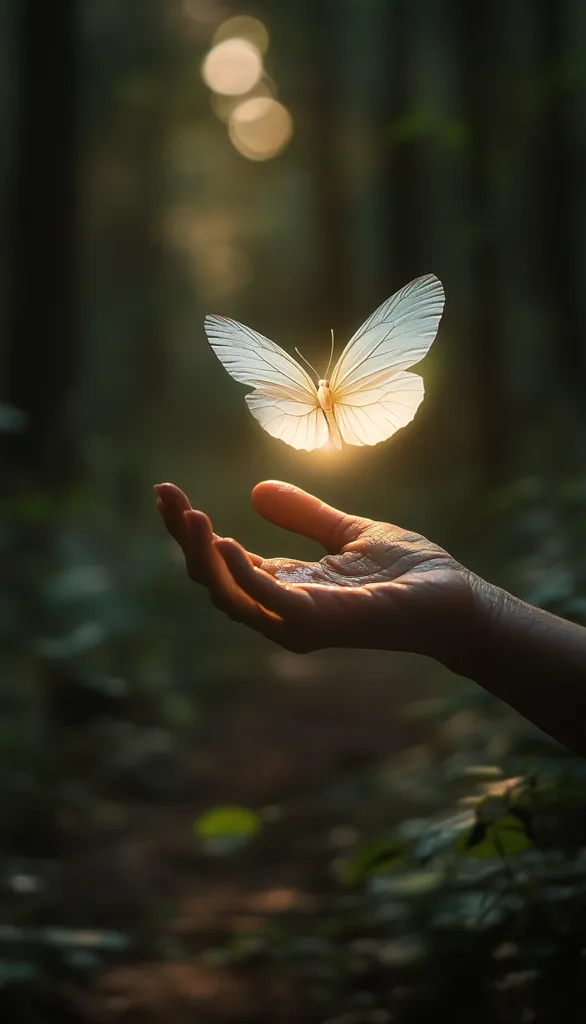 A luminous white butterfly hovers gently above an outstretched hand in a dimly lit forest.  Soft, golden light illuminates the butterfly, creating a magical and serene atmosphere. The hand, weathered and showing age, offers a peaceful contrast to the delicate creature.  The image evokes themes of nature, transformation, and gentle release.