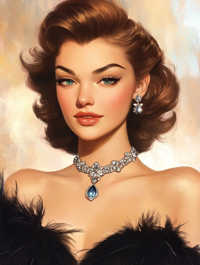 A glamorous portrait of a woman with auburn, victory-roll styled hair. She wears sparkling diamond earrings and a stunning choker necklace featuring a large, teardrop-shaped sapphire.  Her makeup is flawlessly applied, enhancing her striking green eyes.  She's dressed in a low-cut, black feather-trimmed gown, exuding old Hollywood elegance.