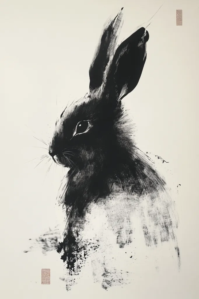 A striking monochrome artwork depicts a rabbit rendered in shades of black against a stark white background. The artist employs a dynamic brushwork technique, creating a sense of movement and texture. The rabbit's form is suggested through bold strokes, capturing its essence with expressive simplicity. The piece evokes a feeling of quiet strength and natural grace, with a subtle balance between detail and abstraction.  Two small, reddish-brown stamps are visible in the corners.