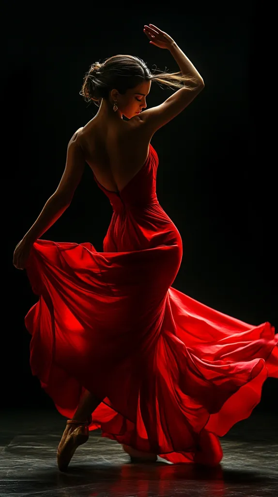 A woman in a flowing red gown gracefully moves against a stark black background.  Her pose suggests dance, the fabric swirling around her as she raises one arm overhead.  The dramatic lighting accentuates the curves of her body and the rich color of the dress.  Point shoes hint at a ballet or flamenco influence. The image is evocative and artistic.