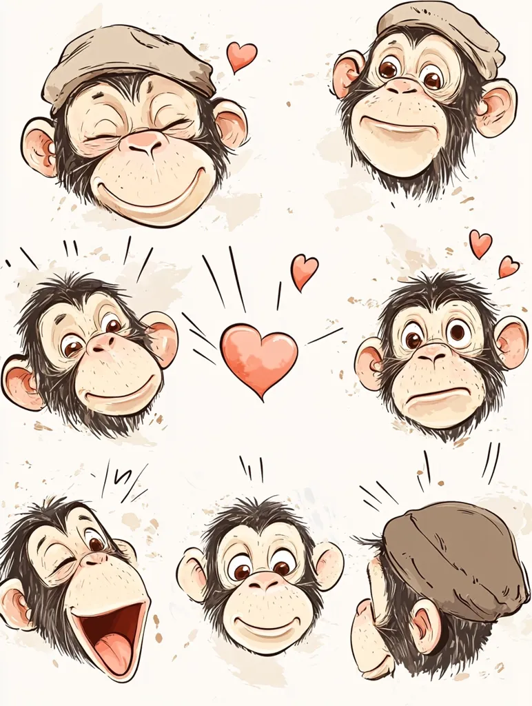 A collection of adorable chimpanzee illustrations, each with a distinct expression.  Some wear caps, showcasing various emotions like happiness, contentment, and playful winking.  Hearts float around them, adding to the charming and lighthearted feel. The style is cartoonish and whimsical, perfect for children's books or playful designs.