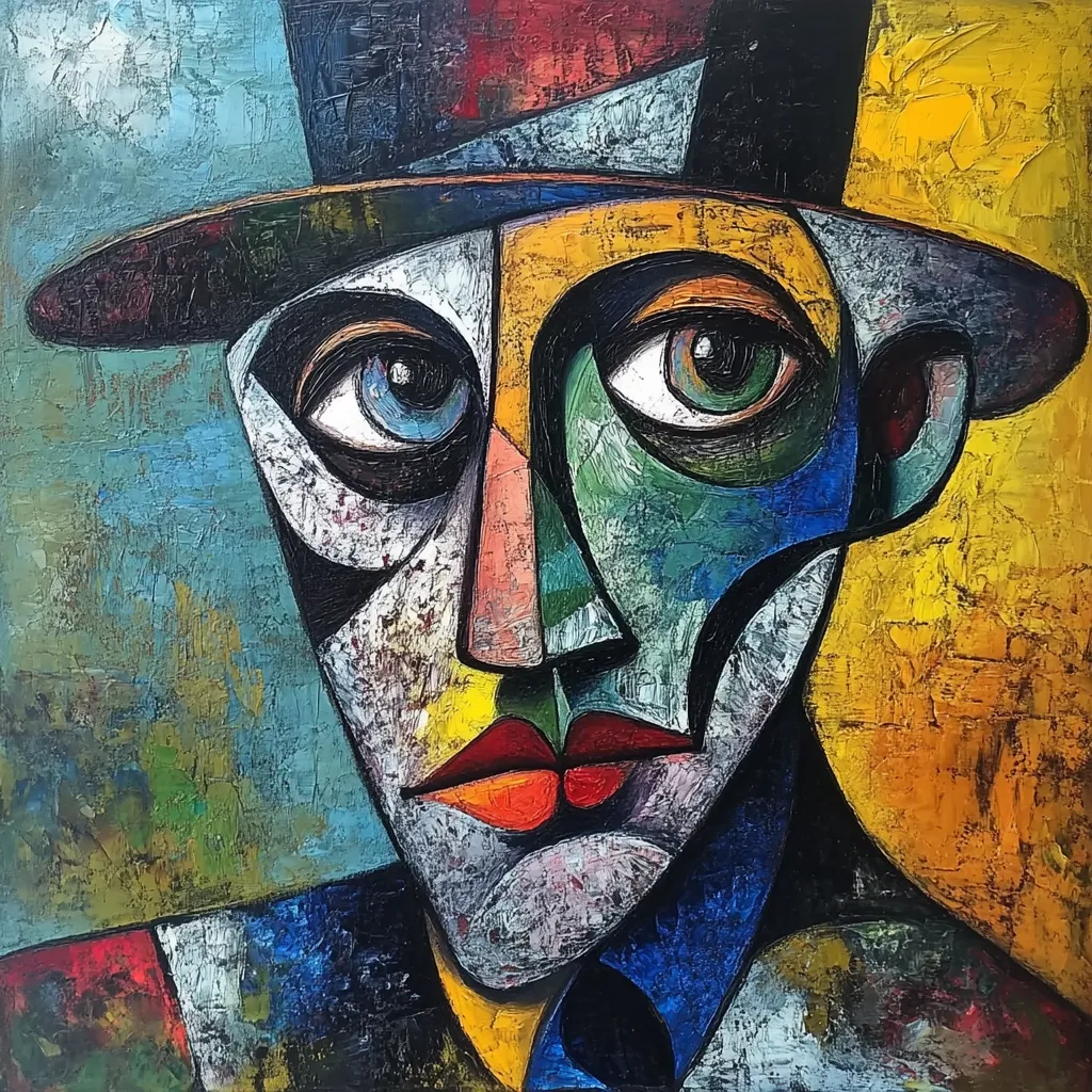 A cubist-style portrait painting depicts a man in a top hat.  His face is fragmented into geometric shapes with bold colors—blues, greens, yellows, and reds—creating a textured, expressive effect.  The background is similarly abstract, with contrasting colors and brushstrokes adding depth. The overall style is bold and evocative, highlighting the subject's intense gaze.