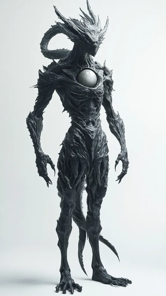 A dark, stylized creature stands against a white background. Its body is textured like rough stone, with clawed hands and feet.  A smooth, light-colored orb is embedded in its chest. The creature's head features sharp, upward-pointing protrusions, adding to its otherworldly and somewhat demonic appearance.  The overall impression is one of powerful, unsettling otherness.