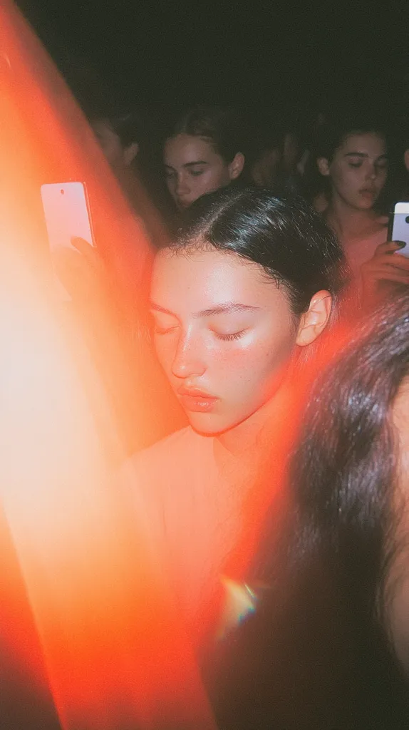 A young woman with dark hair is the focus of a dimly lit, blurry photo.  She's surrounded by other people, some holding phones, creating a vibrant, slightly out-of-focus scene.  A strong orange light flare dominates the foreground, adding a dreamlike quality to the image. The overall aesthetic is reminiscent of a candid shot from a concert or party.