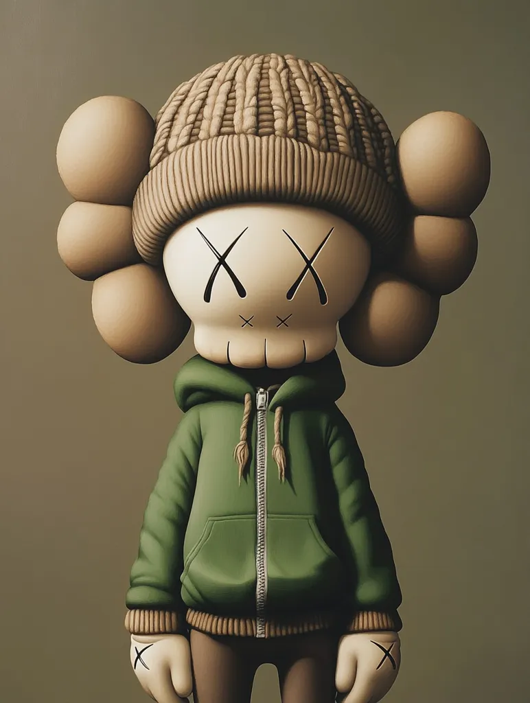 A hyperrealistic painting depicts a stylized figure, reminiscent of a collectible toy.  The character features a beige knitted beanie, large rounded ears, and a muted olive green hoodie.  Its face is simple, with X markings for eyes and a subtle skull-like shape.  The overall palette is earthy and subdued, creating a contemplative mood.  The style suggests a blend of pop art and realism.