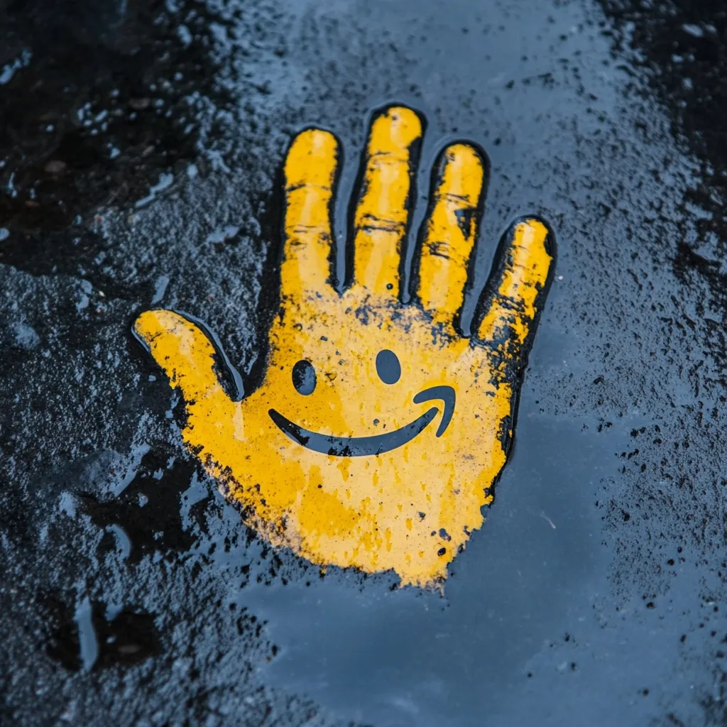 A yellow handprint, resembling a smiley face with an Amazon-like arrow, is imprinted on a dark, wet asphalt surface.  The vibrant yellow contrasts sharply with the dark background, creating a striking visual. Water droplets are visible on the ground around the handprint, suggesting recent rain. The image is a unique blend of street art and branding.
