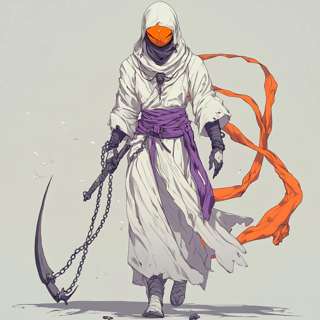 A stylized figure, cloaked in flowing white robes and a hooded mask, strides forward.  The robe is cinched with a purple sash, and the figure wields a chained scythe.  A vibrant orange fabric trails behind, adding dynamism to the composition. The overall aesthetic blends elements of fantasy and Eastern influence, creating a mysterious and powerful image.