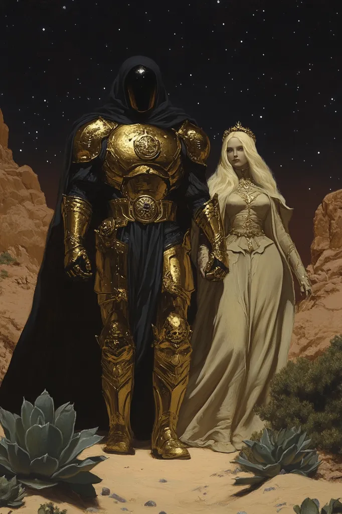 Under a starlit desert sky, a majestic figure in gold armor and a dark cloak stands beside a woman in a flowing, light-colored gown.  The armored figure, with a concealed face, holds the woman's hand.  Their attire suggests a regal or powerful status, creating a scene of fantasy and mystery.  Desert plants frame the couple, enhancing the desolate, yet somehow romantic, atmosphere.