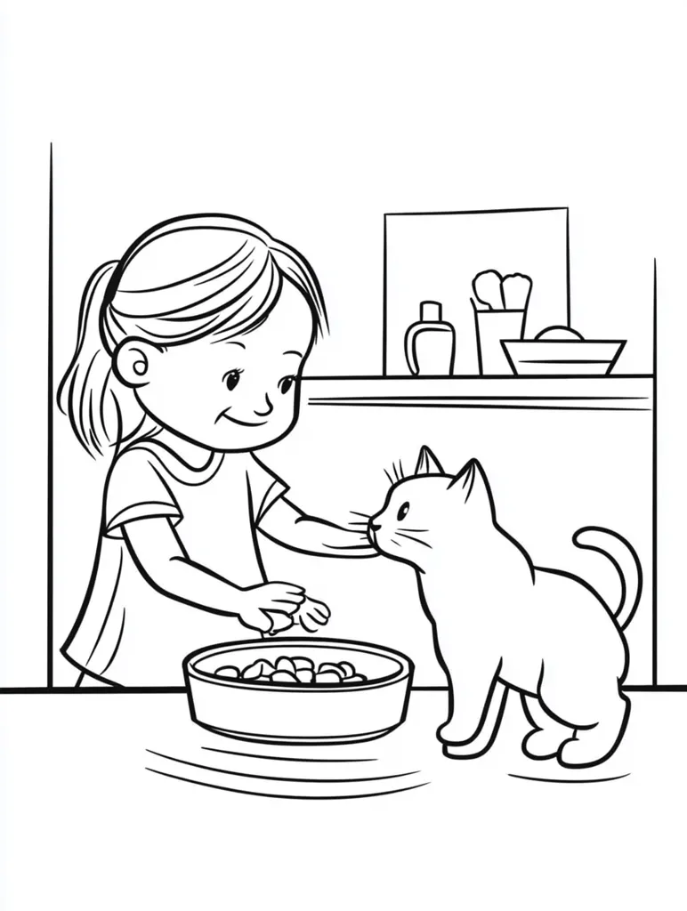 A young girl gently places cat food into a bowl for her pet cat.  The cat sits patiently nearby, awaiting its meal. The scene is set in a kitchen, with a shelf visible in the background containing toiletries. The drawing is in black and white, suitable for coloring. The girl and cat are depicted in a friendly and caring interaction.