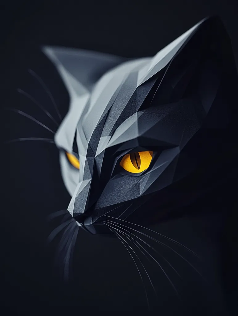 A close-up showcases a stylized black cat, rendered in a low-poly, geometric design.  The cat's head is angled slightly, revealing intense, bright yellow eyes that contrast sharply against the dark, angular facets of its fur.  The image is dark and moody, highlighting the cat's form with dramatic lighting and shadow.  The overall effect is both elegant and slightly menacing.